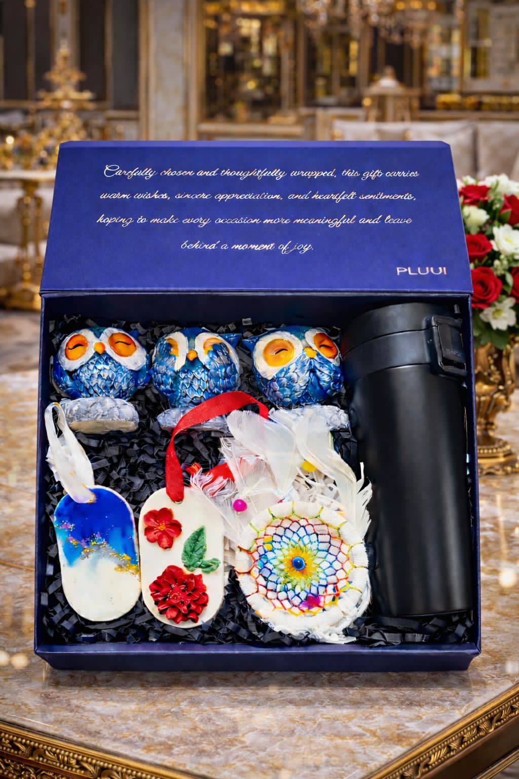 Premium Gift Hamper for Women & Men with Travel Coffee Mug, Owl Figurines, Dream Catcher & Wax Sachets – 7 Pieces