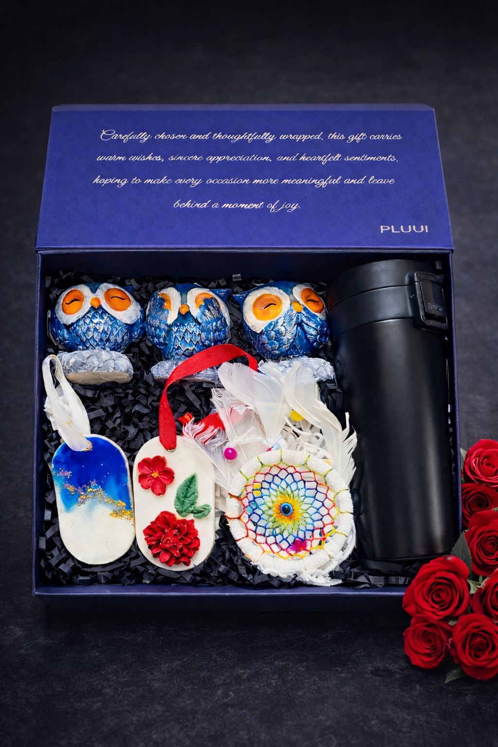 Premium Gift Hamper for Women & Men with Travel Coffee Mug, Owl Figurines, Dream Catcher & Wax Sachets – 7 Pieces